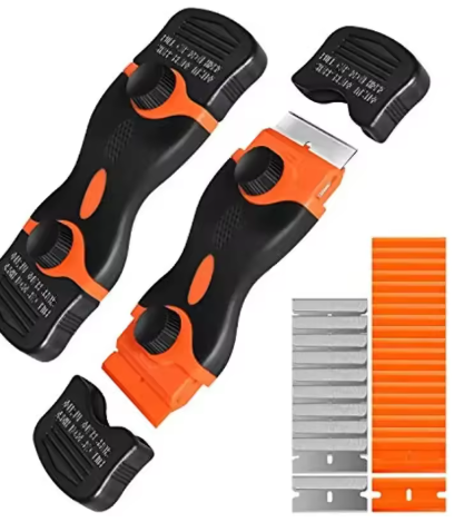 Dual sided razor and plastic blade for decals and residue removal