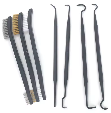Wire brush and nylon picks for tight detail cleaning