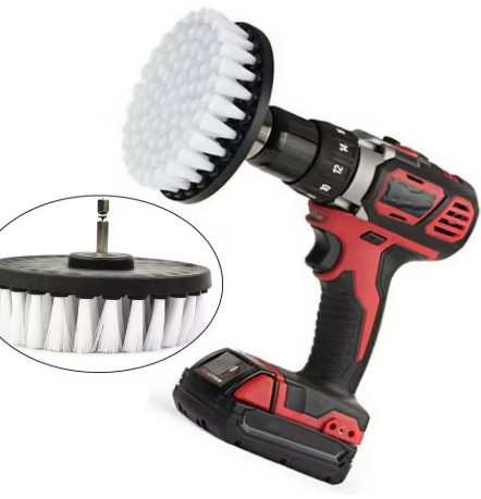Drill brush attachment for cleaning upholstery and wheels
