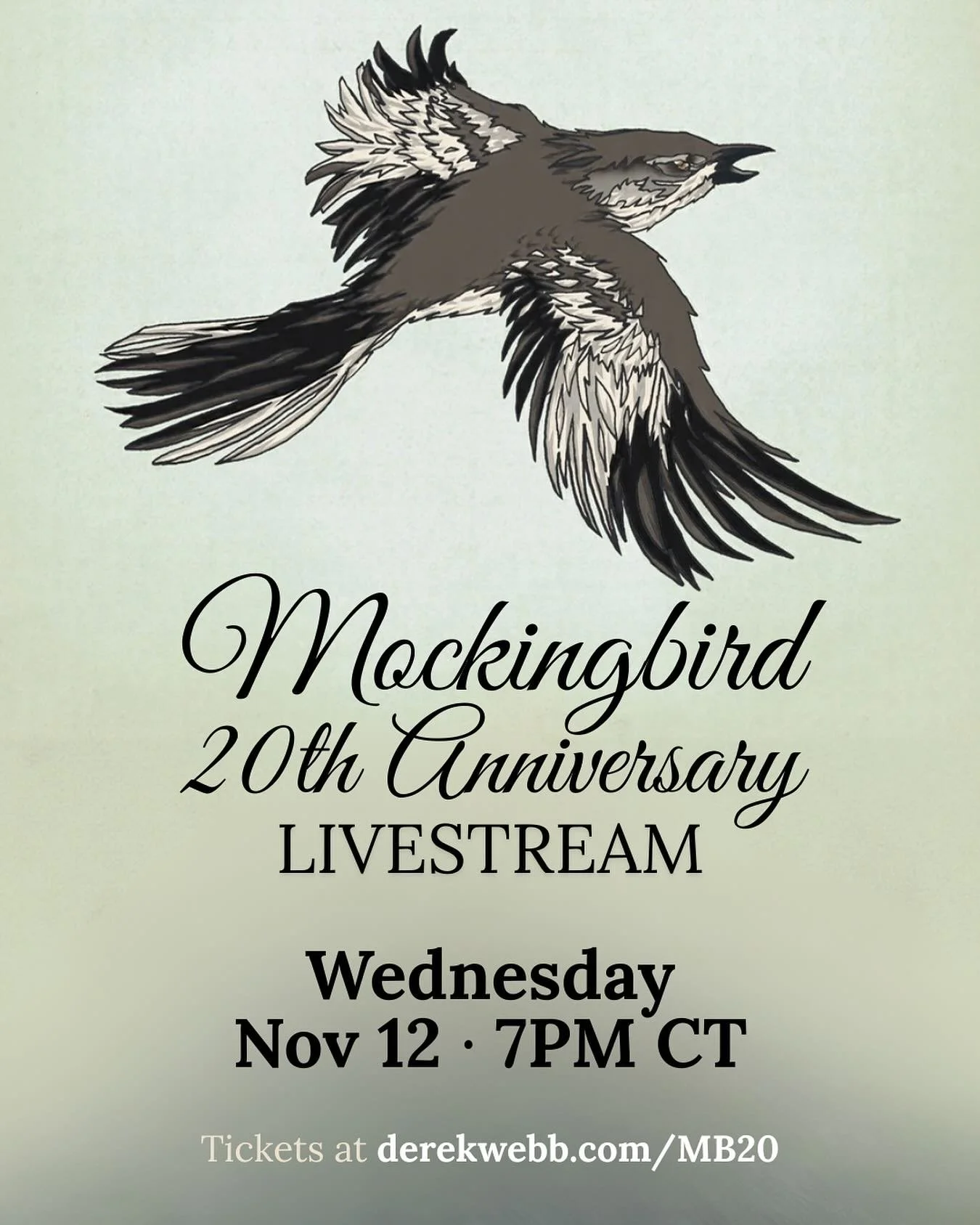 20 years after mockingbird, we&rsquo;ll gather for one special livestream &mdash; wednesday, nov 12 at 7PM CT.

i&rsquo;ll play the full album front to back, share stories from the making of it, and hang out in the chat. it&rsquo;s a chance to revisi
