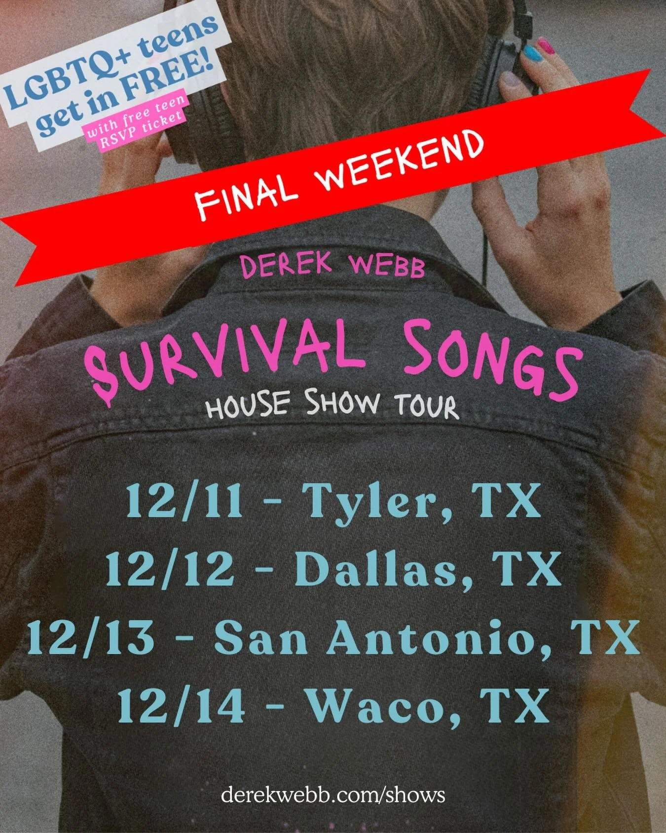 this is the final weekend of the survival songs tour &mdash; four nights across texas.
tyler &bull; dallas &bull; san antonio &bull; waco.

i&rsquo;ll be playing the whole album front-to-back, sharing stories, and holding space for folks who need the