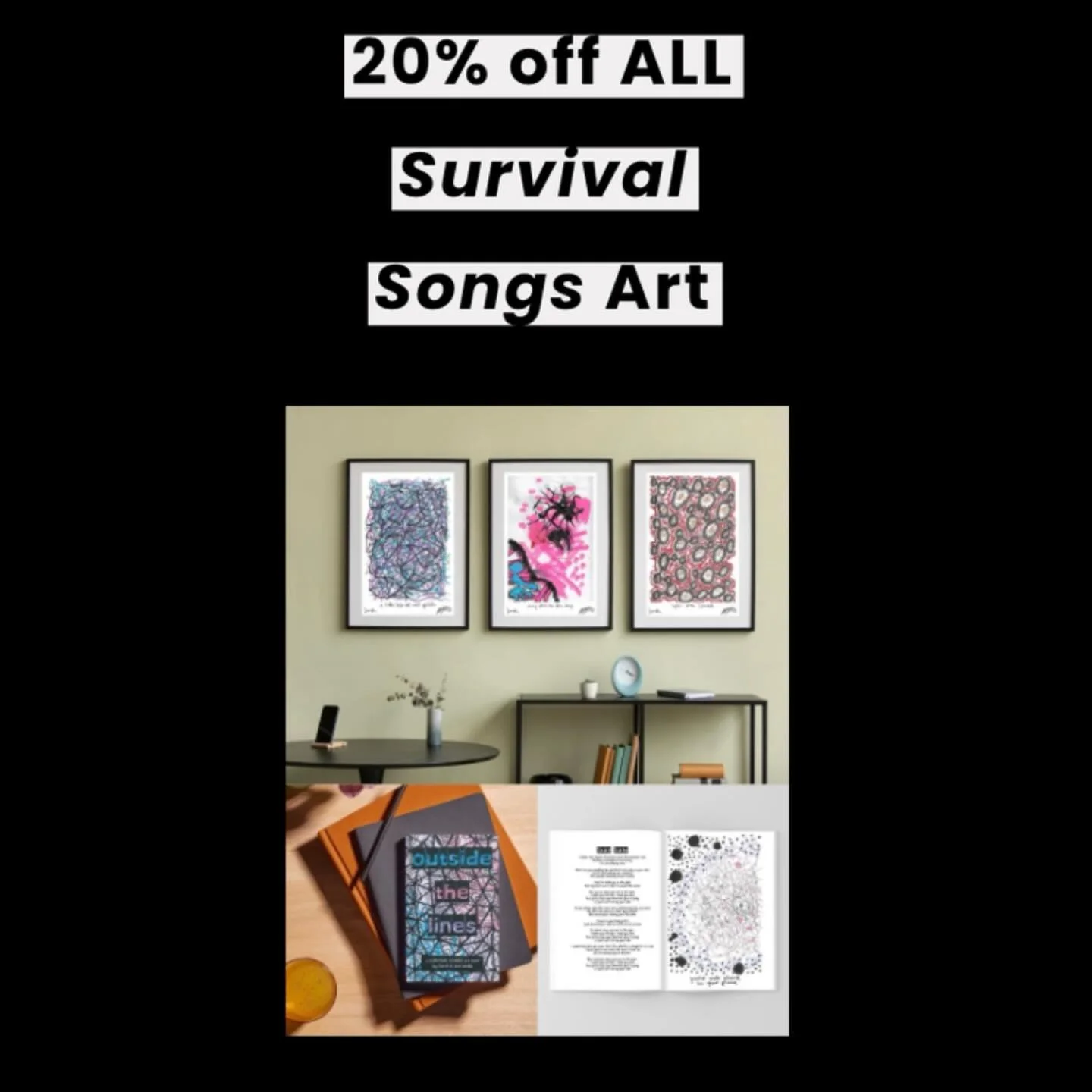 the black friday week sale wraps up tomorrow, but there&rsquo;s still time to jump in.

today i&rsquo;m shouting out the survival songs art project &mdash; all 39 prints + the full art book, made with ash &mdash; 20% off through friday.

if there&rsq