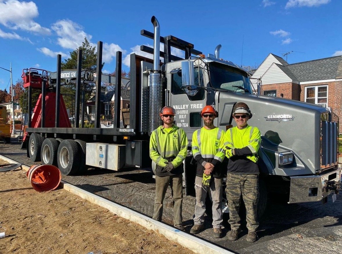 Valley Tree and Landscape Service Inc team members standing in front of a truck wearing safety equipment.