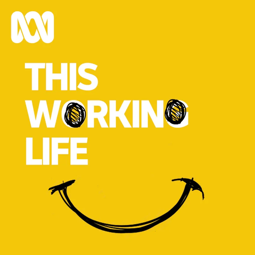 Yellow background with white text that reads 'This working life'. The letter 'O' in 'working' is hand-drawn as a scribbled circle. Below the text is a large, black, hand-drawn smiley face.
