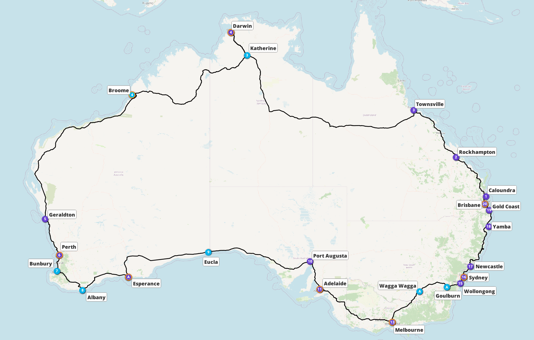 Map of Australia showing a bike route of Shonel Daniels for her Pedal with Purpose ride