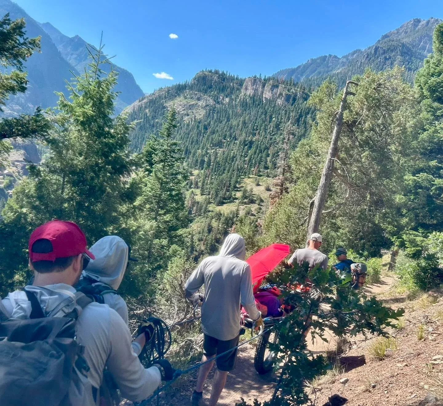 Today, the team performed a wheeled litter evacuation of a hiker who fell on the Oak Creek Trail and injured her leg.
