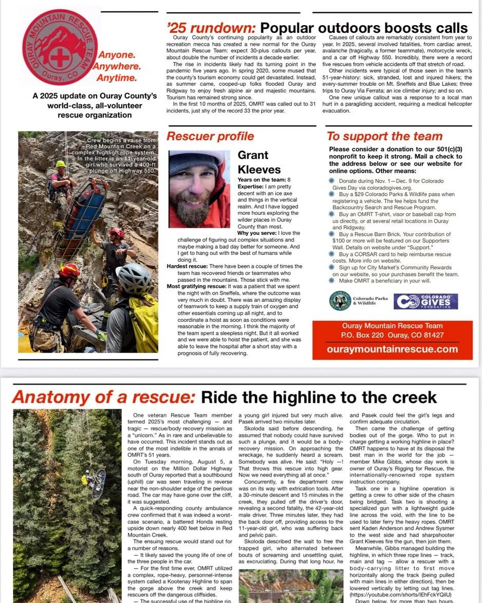 Happy Colorado Gives Day!  Please read our year end letter.  If you wish to receive this in the future, please contact jenny@ouraymountainrescue.com.  Thanks!