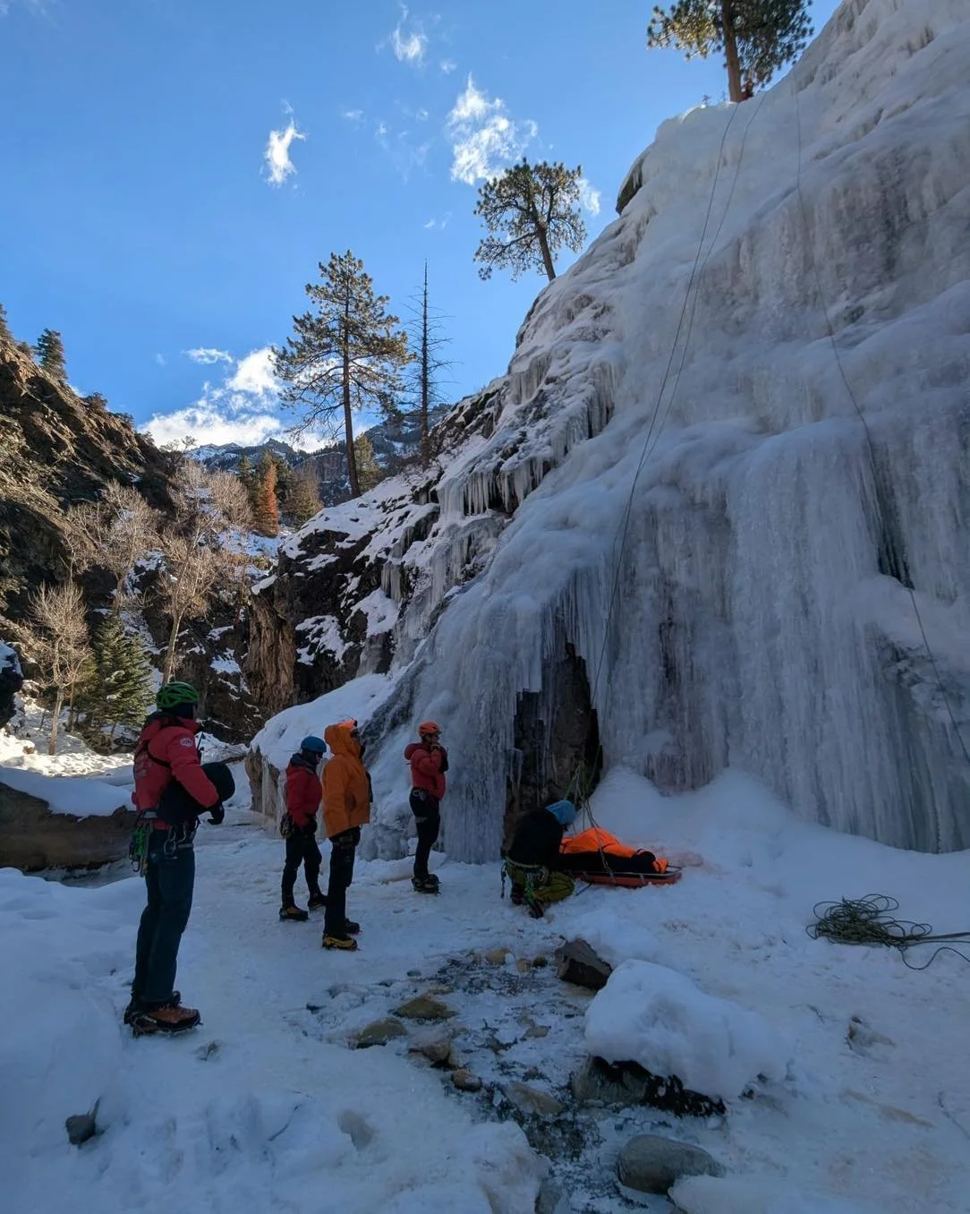 Beautiful morning for some technical rope rescue training focused on quality patient packaging and rigging in winter conditions.  Thank you to the three members of Silverton Medical Rescue who came over this pass and participated today.