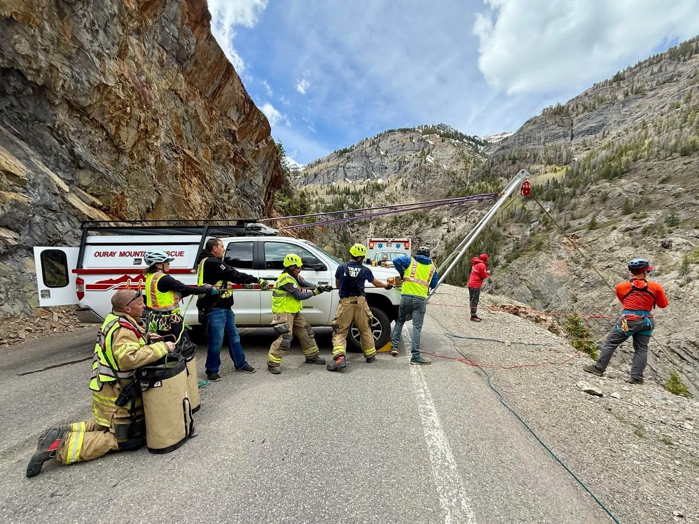 On the morning of April 25th a vehicle exited HWY 550 near mile marker 89 and traveled 400' down the embankment.  The sole occupant sustained relatively minor injuries but was unable to walk out. EMS and Ouray Fire were first on scene, fixing a handl