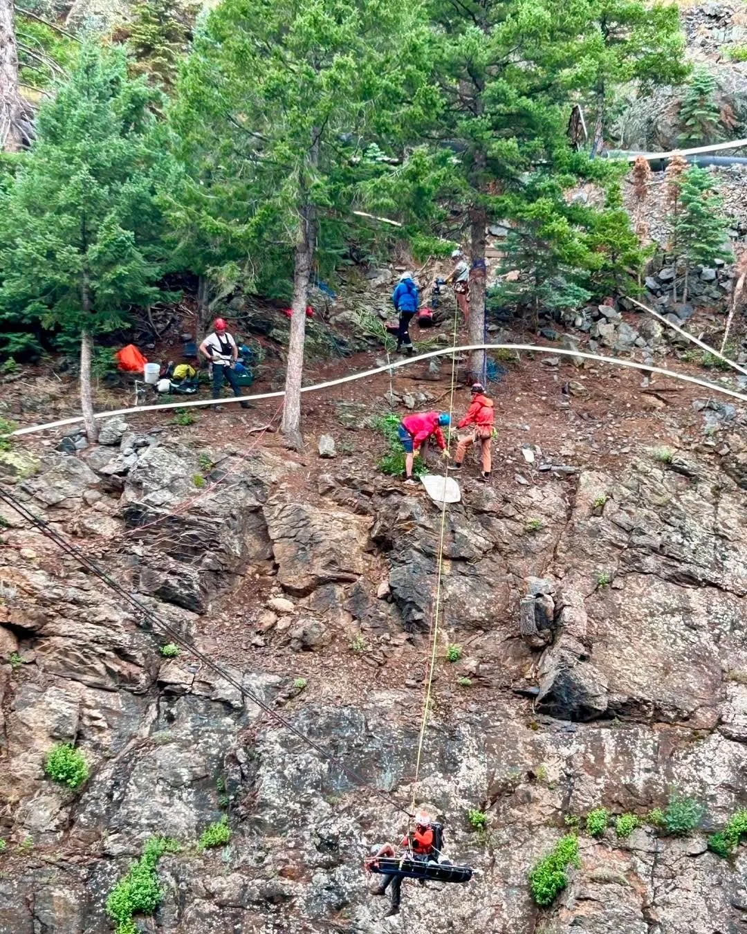 On July 28th, a climber on the downstream route of the Ouray Via Ferrata fell and injured their ankle and was unable to complete the route.  One rescue team member traveled above the via ferrata route (east bank of Uncompahgre River) while another te