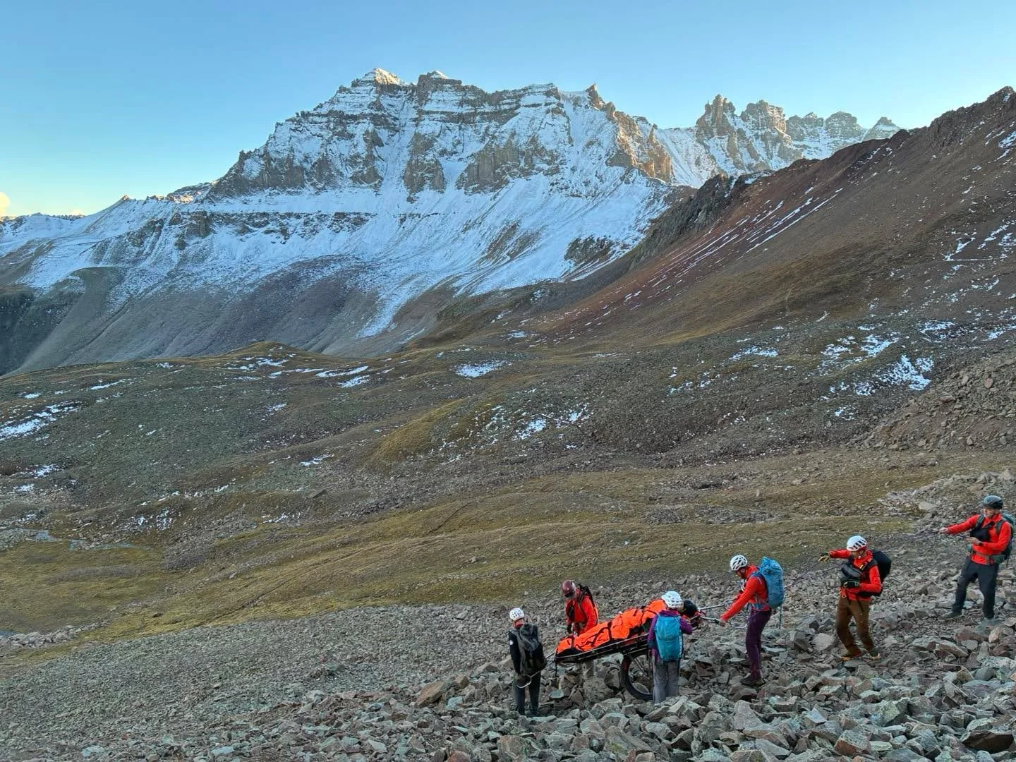 On October 2, Ouray Mountain Rescue Team was called to assist a hiker who sustained a lower leg injury following multiple falls while descending the Lavender Couloir, just below the summit of Mt. Sneffels. The rescue team located the patient, stabili
