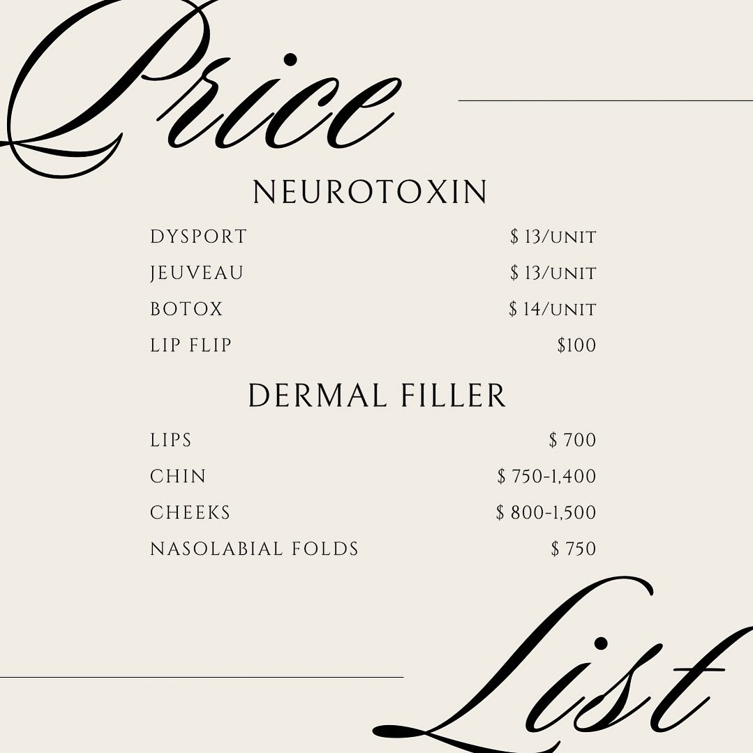 Current price list &amp; treatment menu ✨