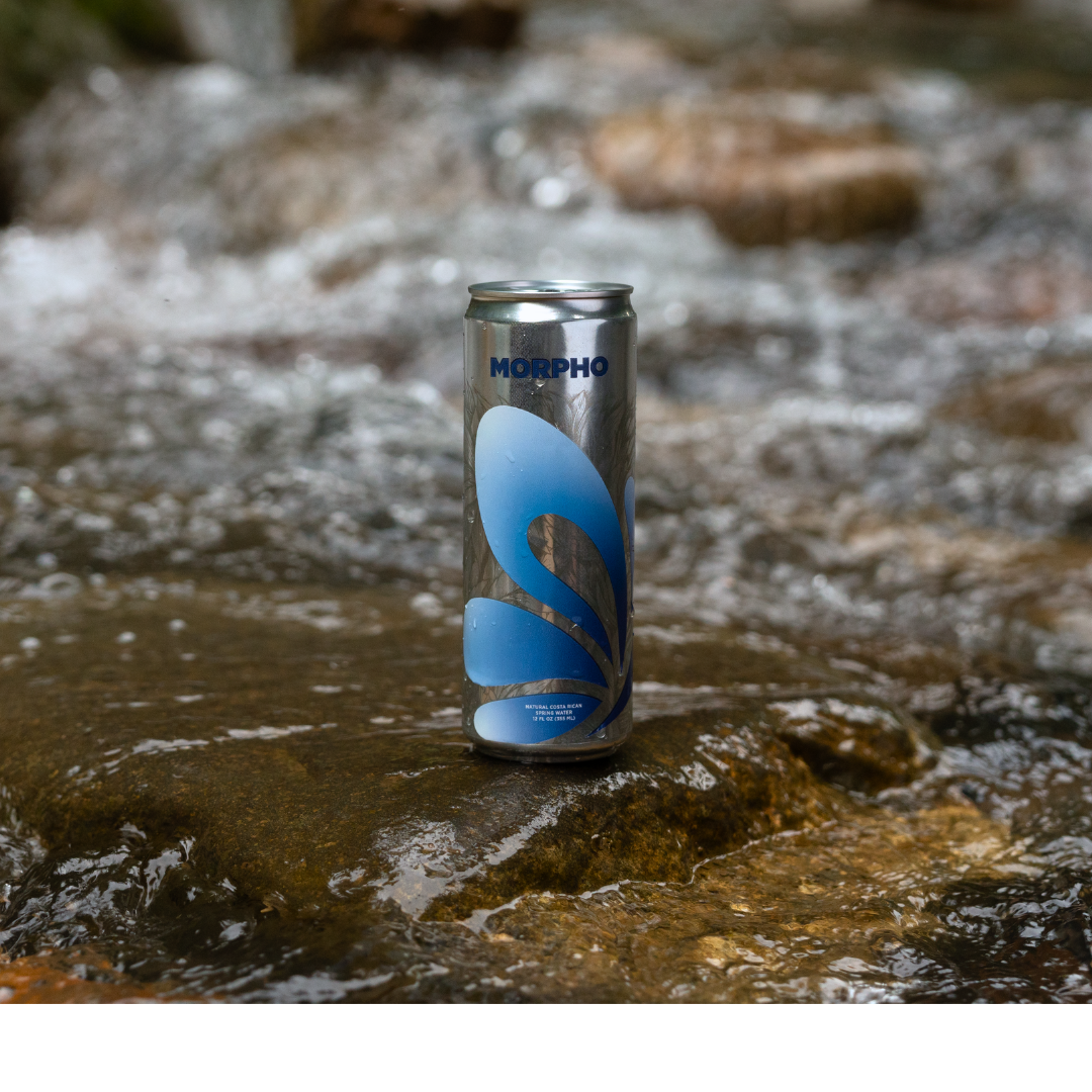 Can of Morpho Water on a rock in a stream
