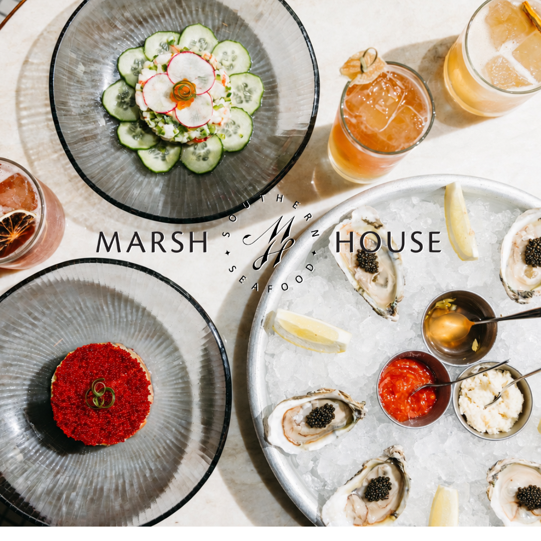 Seafood spread with Marsh House logo