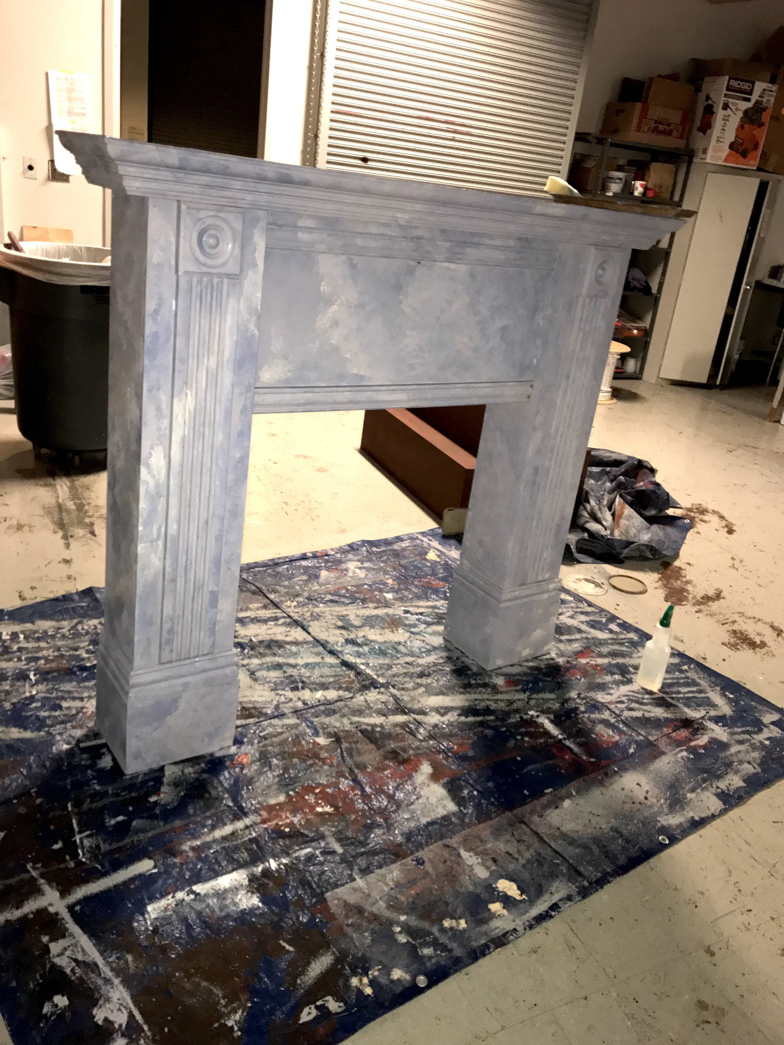 Faux marble fireplace finish for theatre set