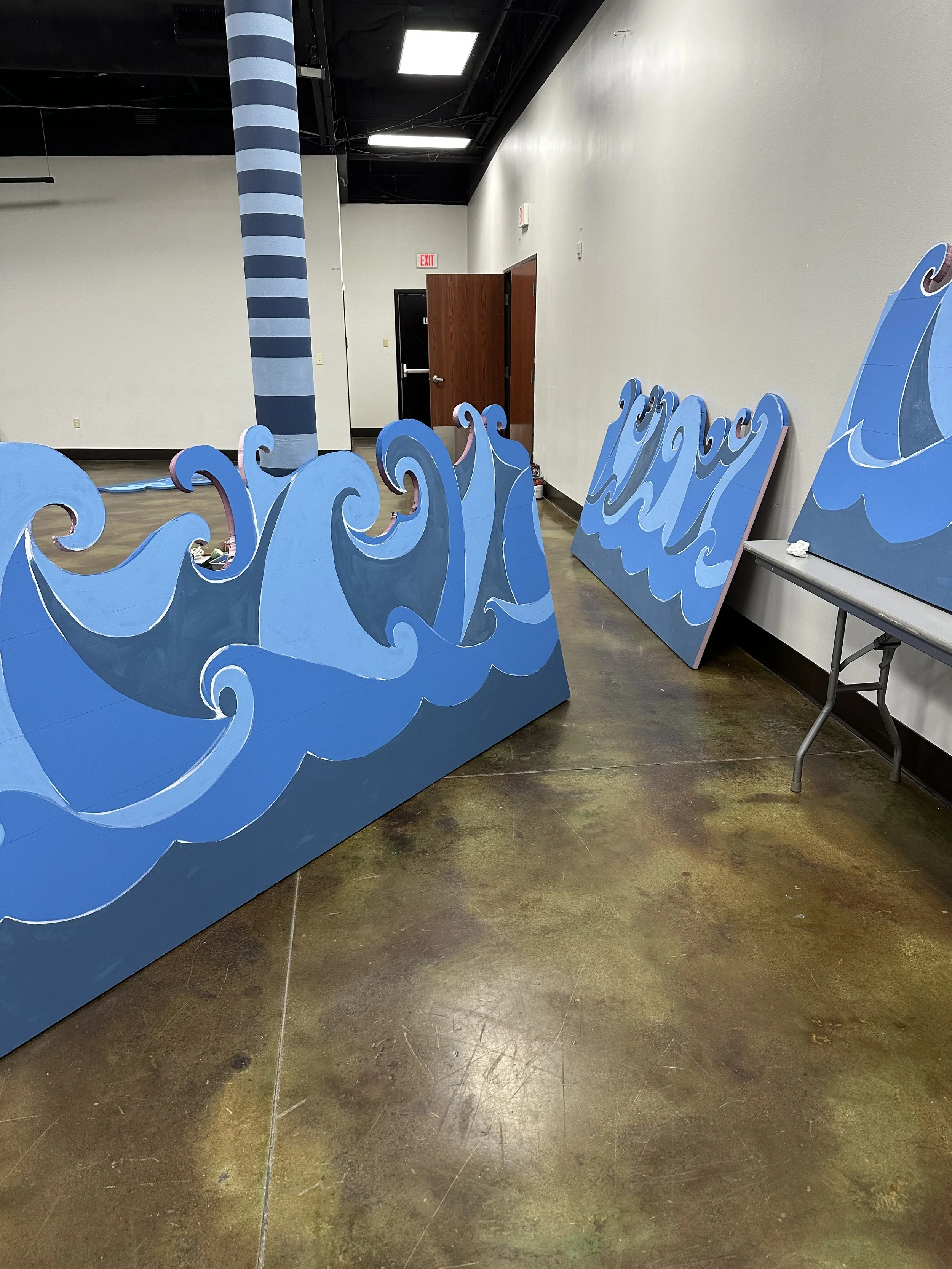 Styrofoam panels cut and painted for wave set