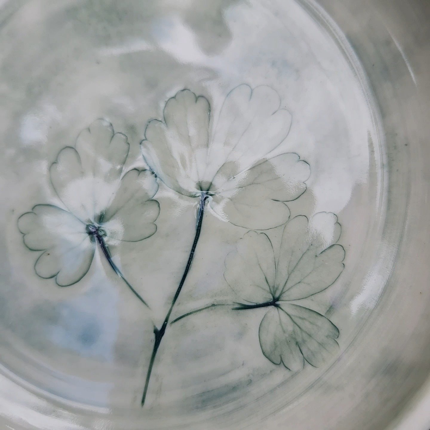 I intended this shallow dish to be for a cat or small dog but I could also see myself using it as a key or jewelry dish. I'd love to find out which little clover/sorrel looking guy I grabbed out of the yard a few weeks ago! If you know, hit me up~ #p