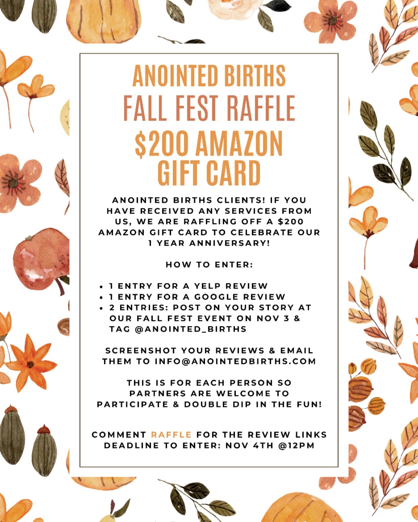 Anointed Births clients: If you have received any services from us, we are raffling off a $200 Amazon gift card to celebrate our 1 year anniversary! 

Comment RAFFLE for the review links 🥳

HOW TO ENTER:

&nbsp;&nbsp;&nbsp;&nbsp;&bull;&nbsp;&nbsp;&n