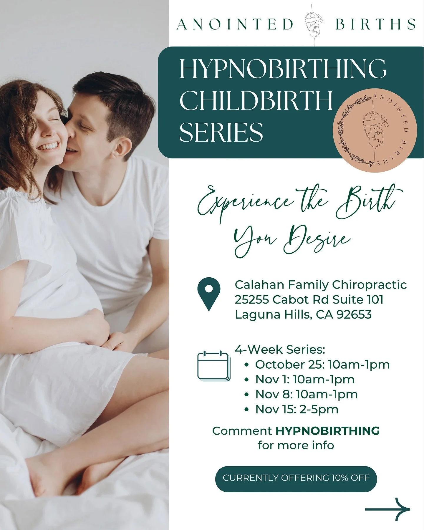 Comment HYPNOBIRTHING for 10% off and for more info! 

🌸 Instructor: Elizabeth Williams 
📍Calahan Family Chiropractic in Laguna Hills @calahanfamilychiropractic 
📆 4-Week Series: 
4 Saturdays 
October 25 10am-1pm
Nov 1 10am-1pm
Nov 8 10am-1pm
Nov 