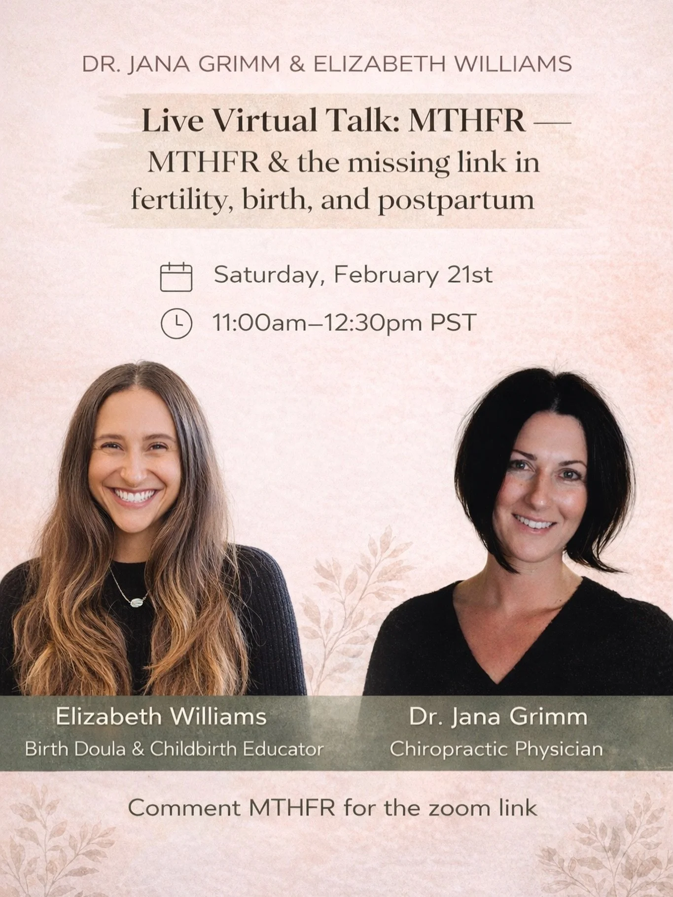 Comment MTHFR to sign up and get the zoom link! You don&rsquo;t want to miss it!

Live Virtual Talk: MTHFR &mdash; MTHFR &amp; the missing link in fertility, birth, and postpartum
📅 Saturday, February 21st
🕚 11:00am&ndash;12:30pm PST
📍 Held live o