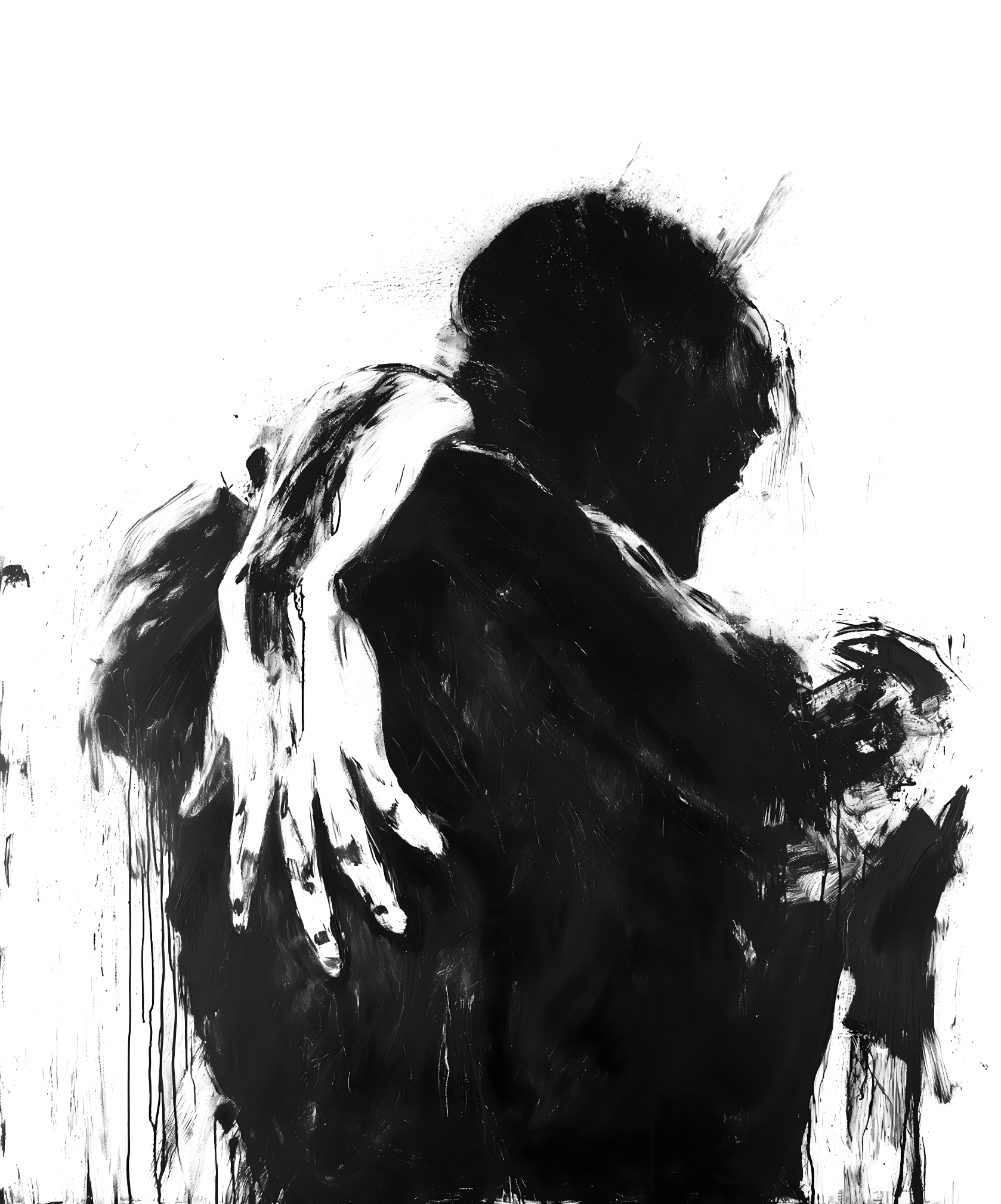 Original artwork titled And I'm ready — two figures embracing in black ink on white, from In Your Absence by Jay Badenhorst