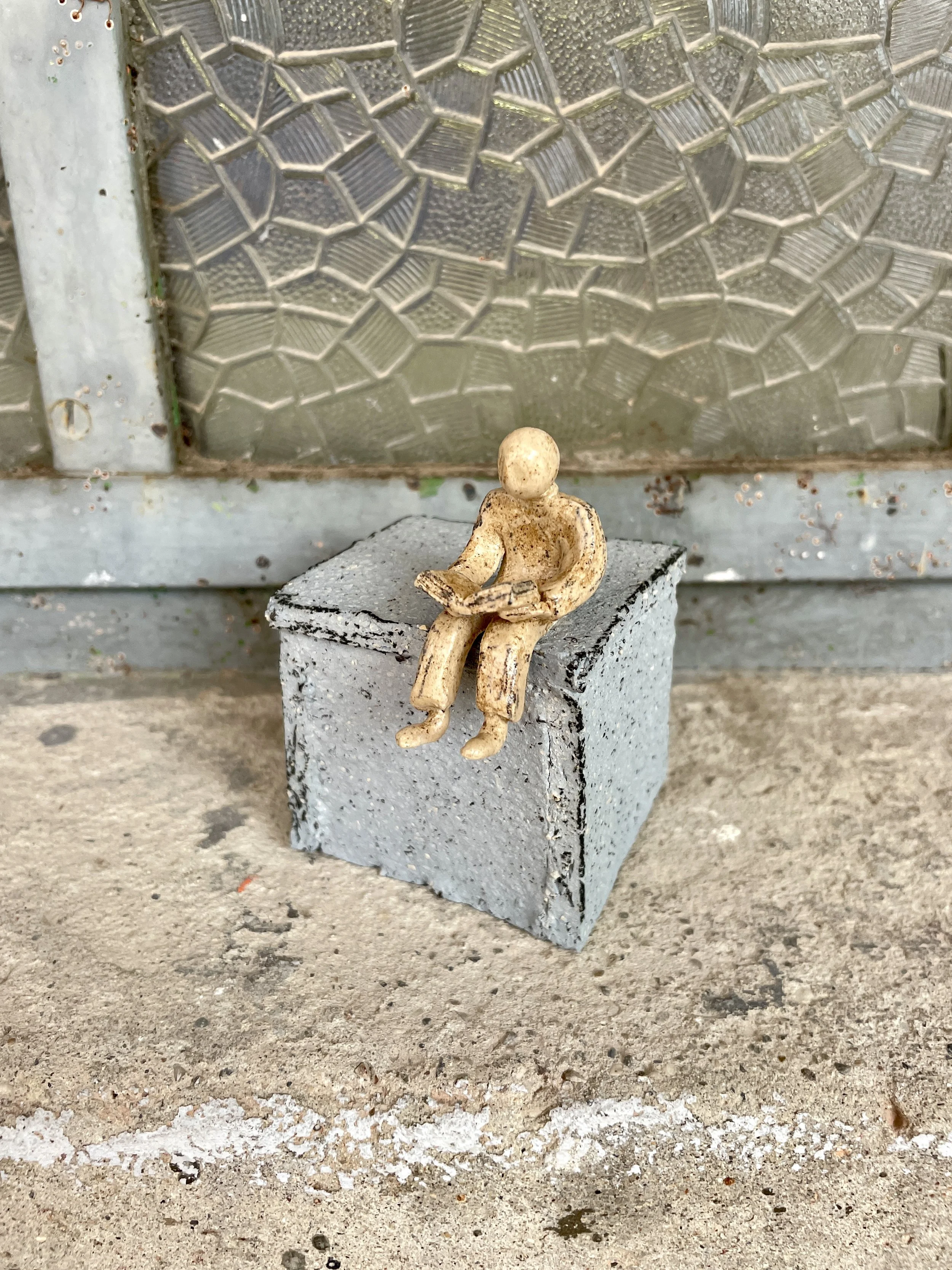 Handmade Ceramic Figure Looking at Phone – Small Stoneware Human Sculpture