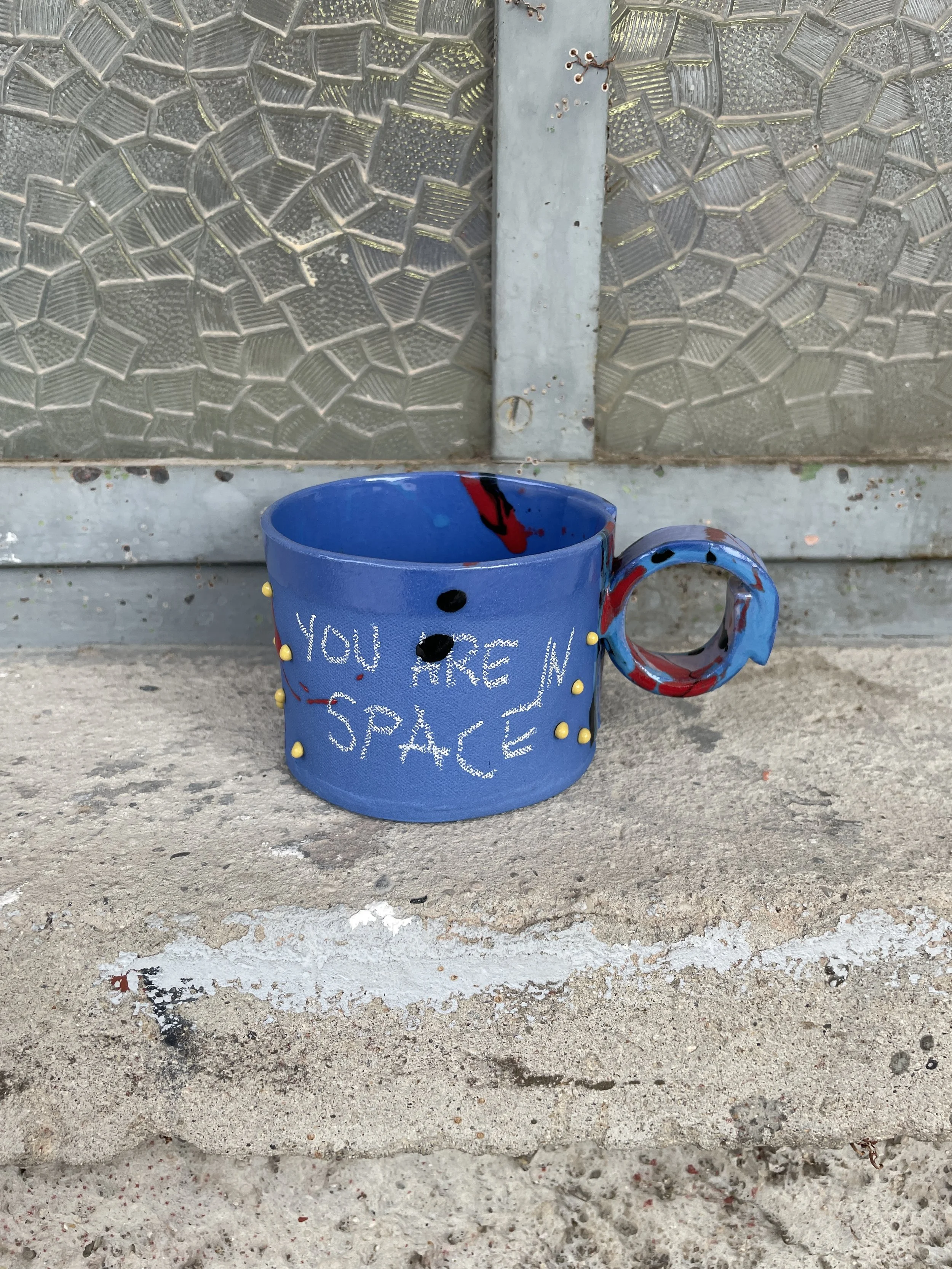 Handmade blue ceramic Relax mug - front view.JPG
