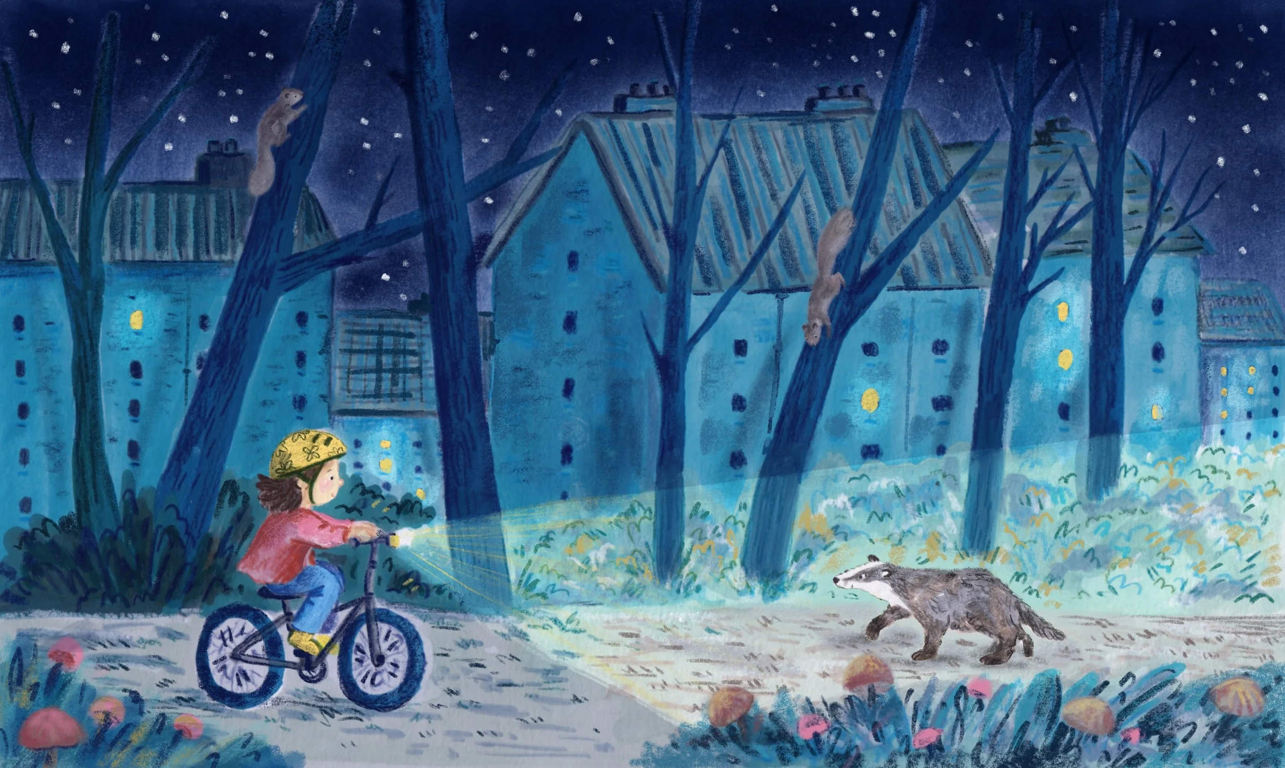 edinburgh water of Leith illustration. Girl cycles on her bike at night and meets a friendly badger.