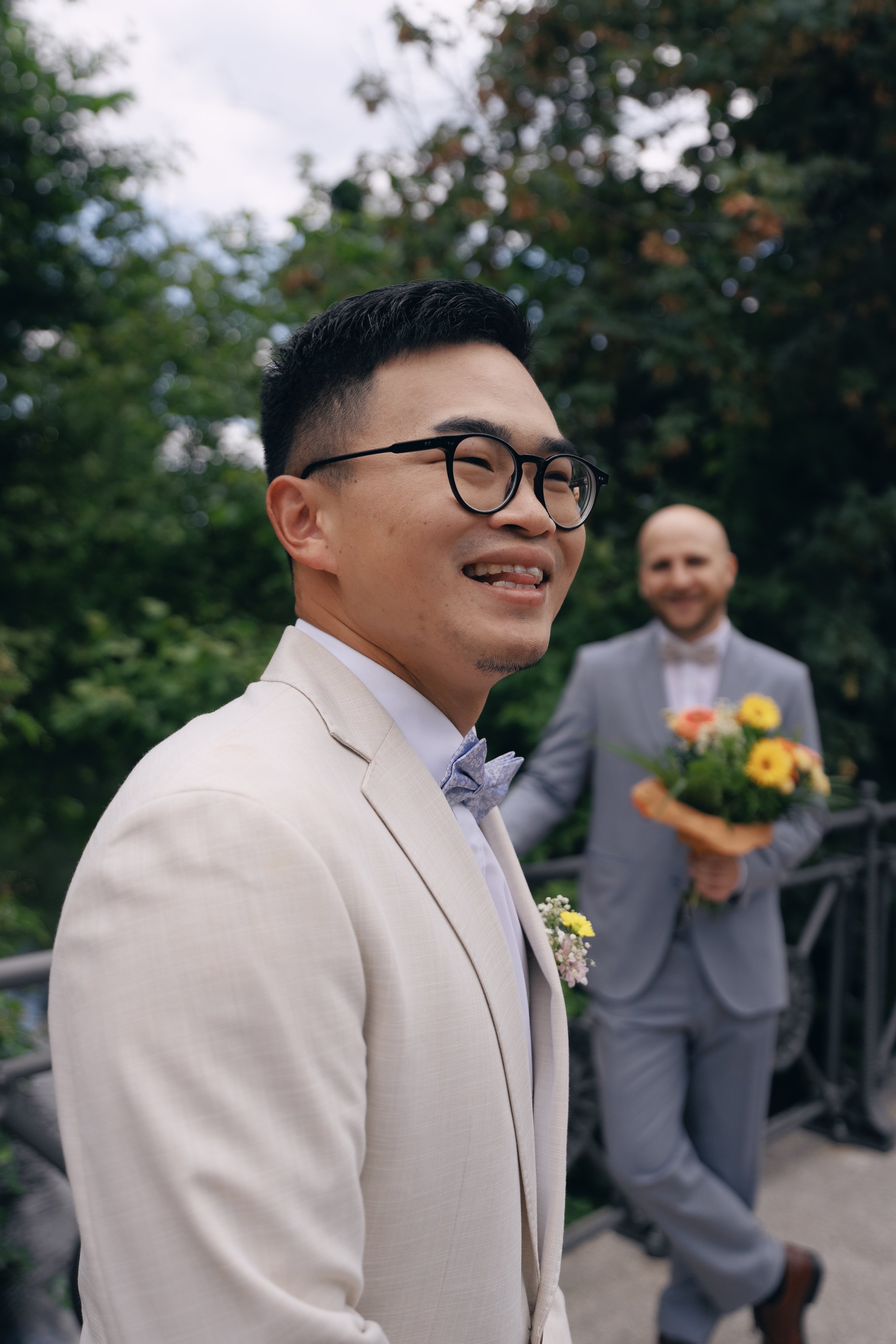 Portrait of one groom after the civil wedding ceremony.