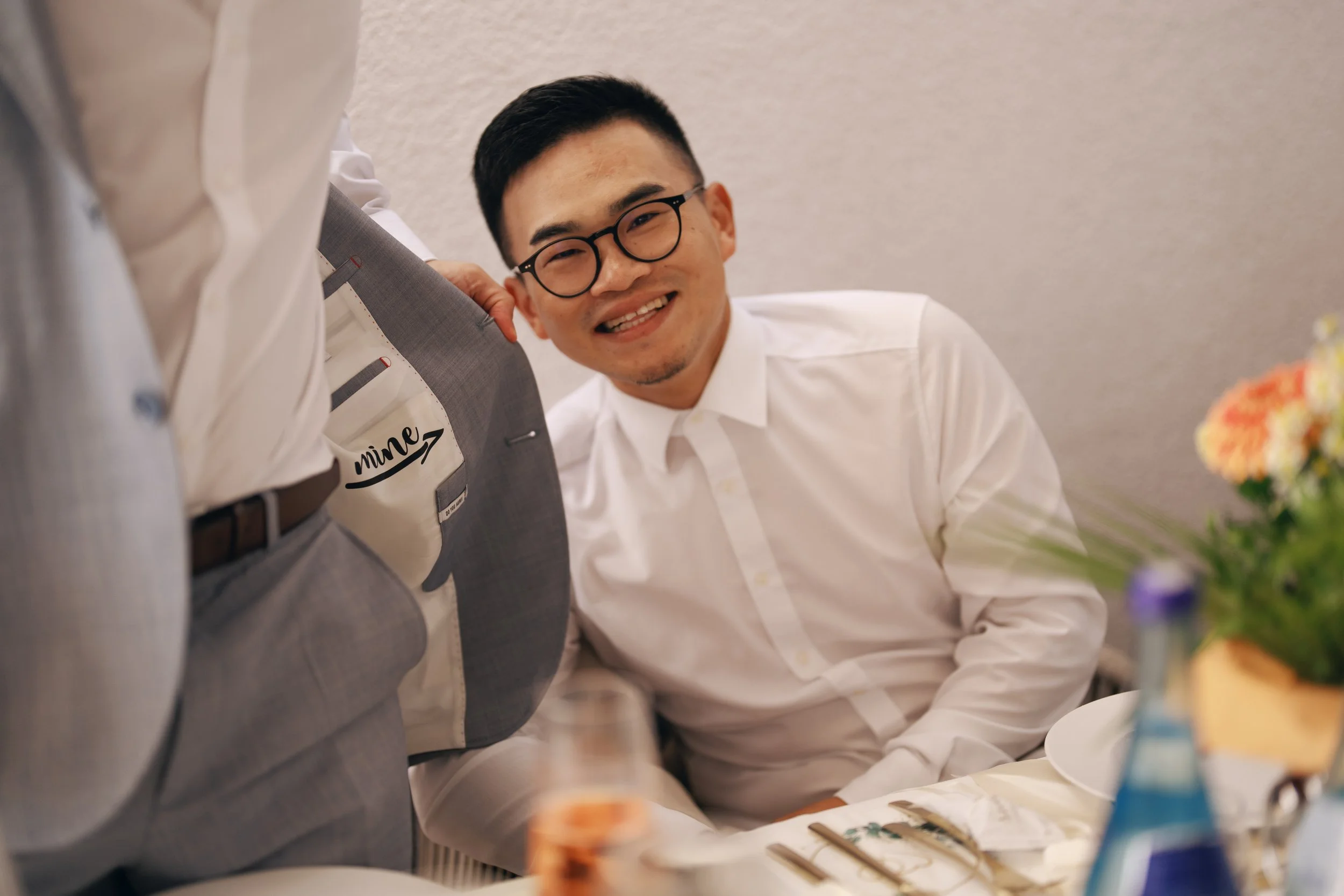 Portrait of one groom during the wedding reception.
