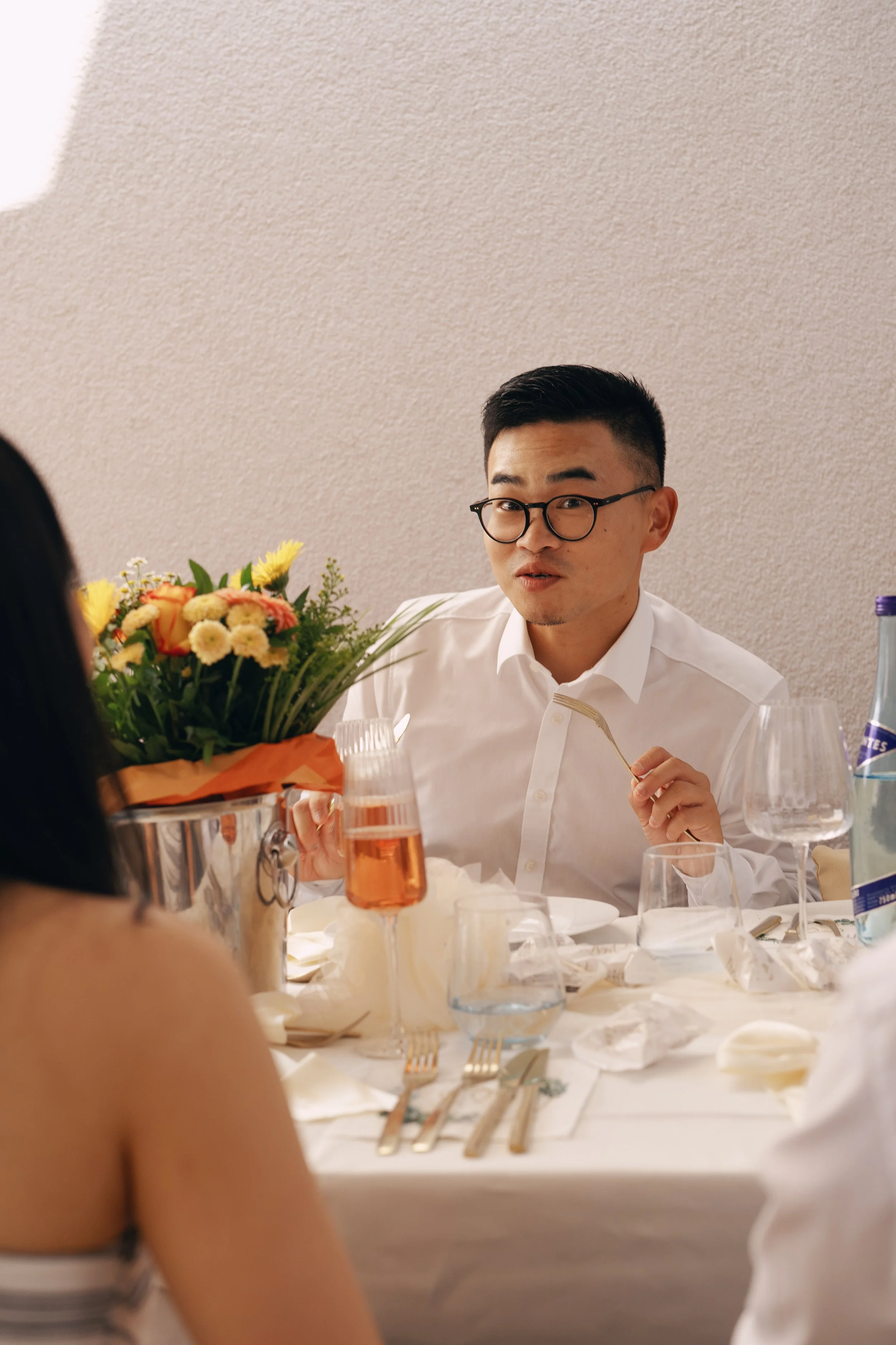 Portrait of one groom during the wedding reception.