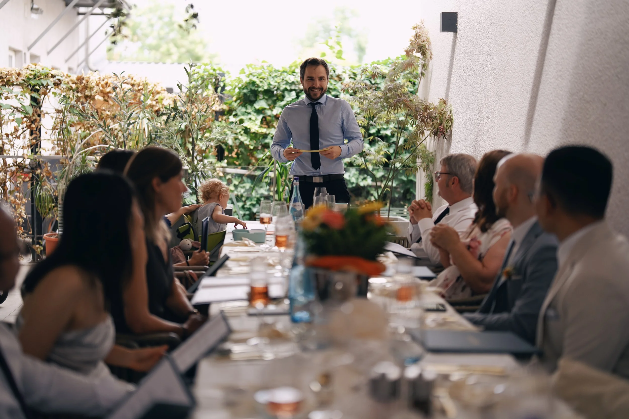 A wedding speech during the reception.