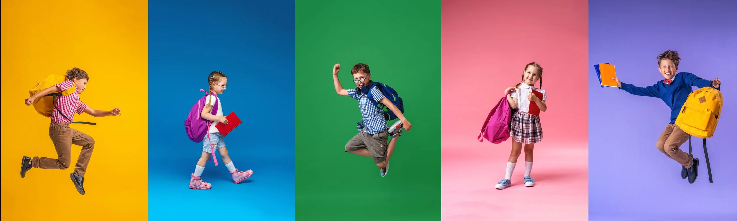Five children standing or jumping against colorful backgrounds, holding backpacks and school supplies.