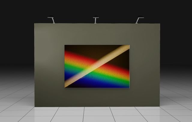 Abstract rainbow artwork with a diagonal cream-colored stripe displayed on a gallery wall