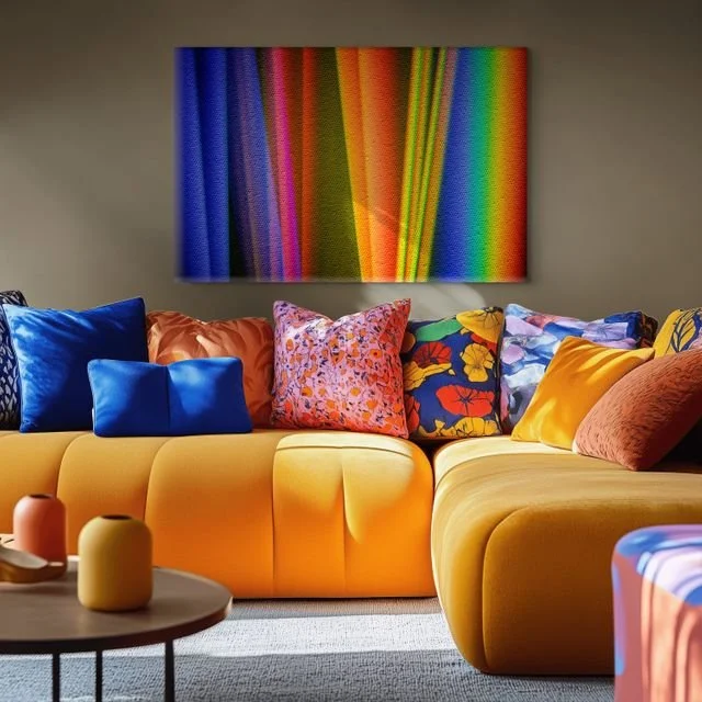 Colorful modern living room with an orange sectional sofa, patterned pillows, abstract rainbow wall art, and a round coffee table