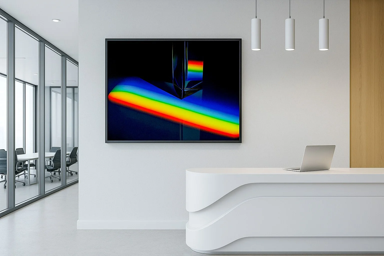 Modern office reception area with a white curved desk, a laptop, and a large colorful abstract digital art piece on the wall. Glass-walled conference rooms are visible on the left.