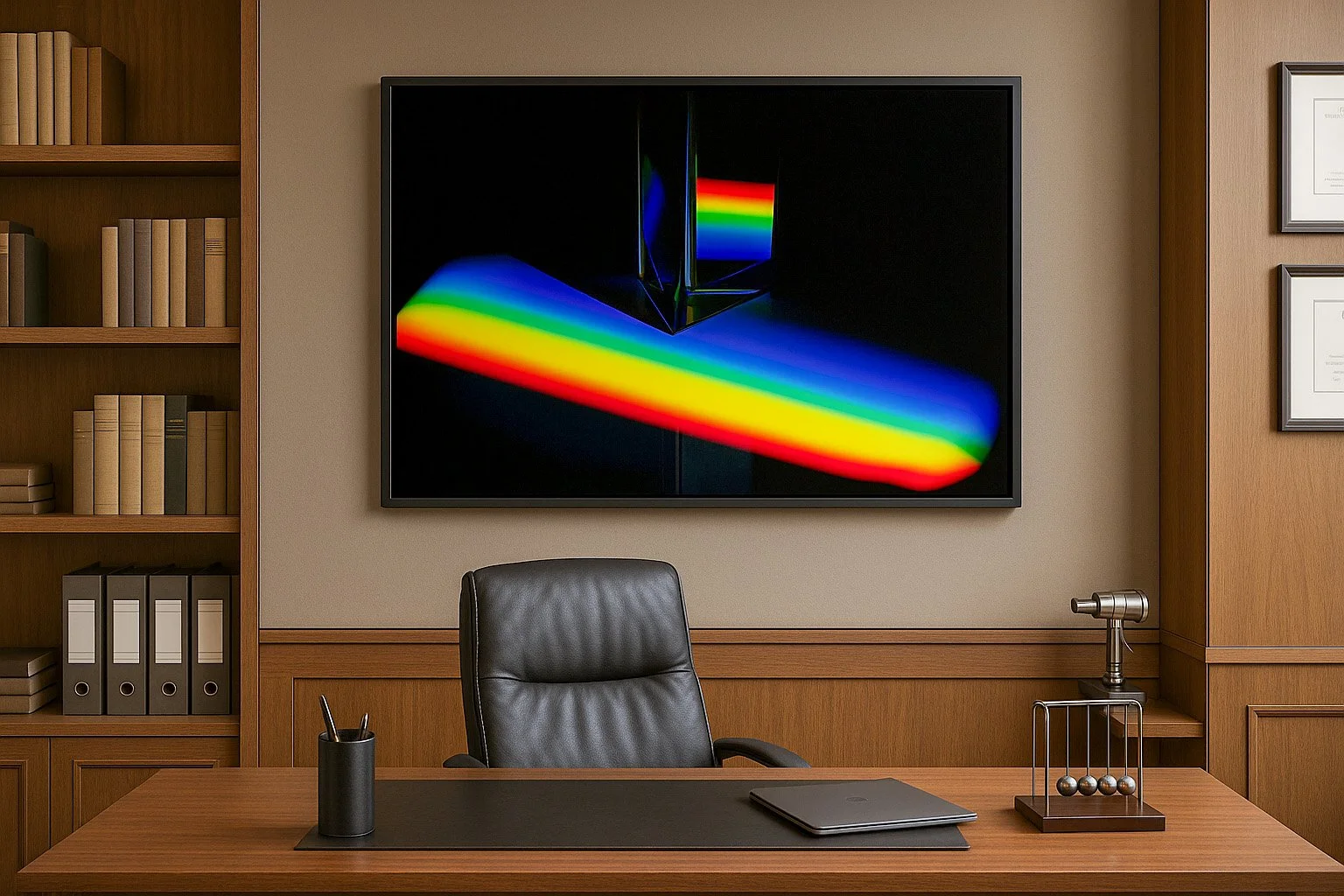 Office with wooden desk, black leather chair, framed certificates, bookshelf, computer monitor displaying a rainbow laser light pattern, and a Newton's cradle on the desk.