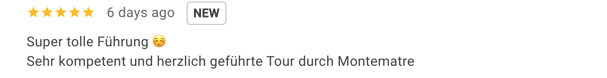 User review with 5 stars, posted 6 days ago, praising a tour of Montmartre in German.