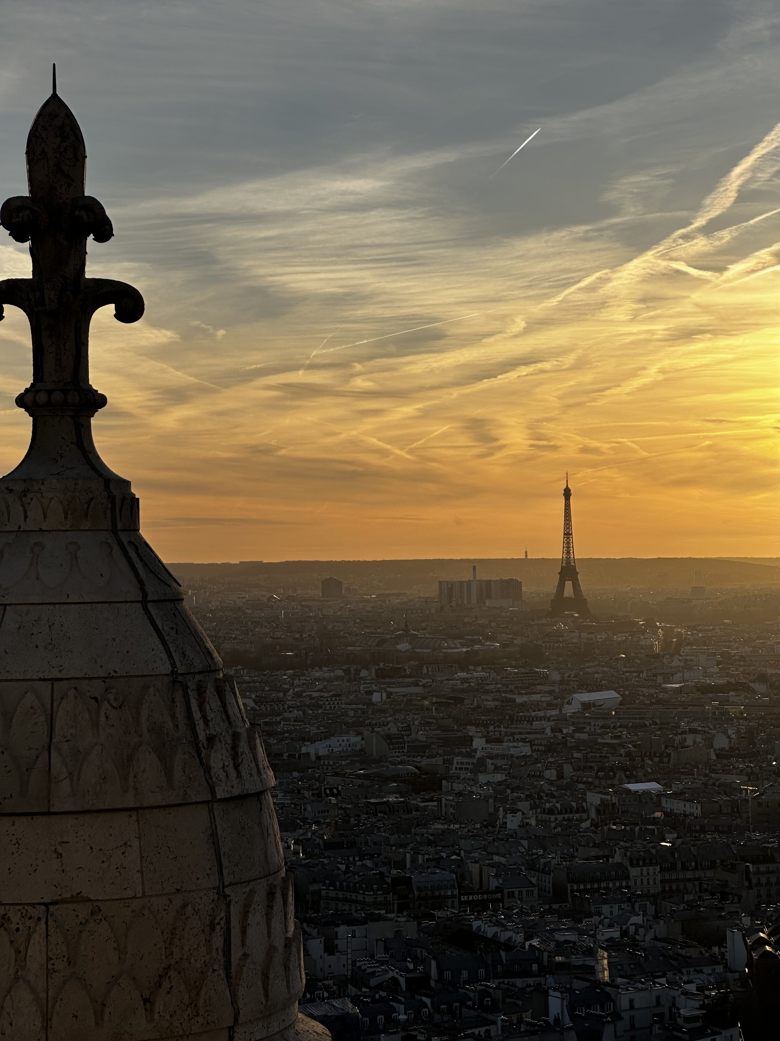 Sunset over Paris with the Eiffel Tower in the distance, seen from a high vantage point.