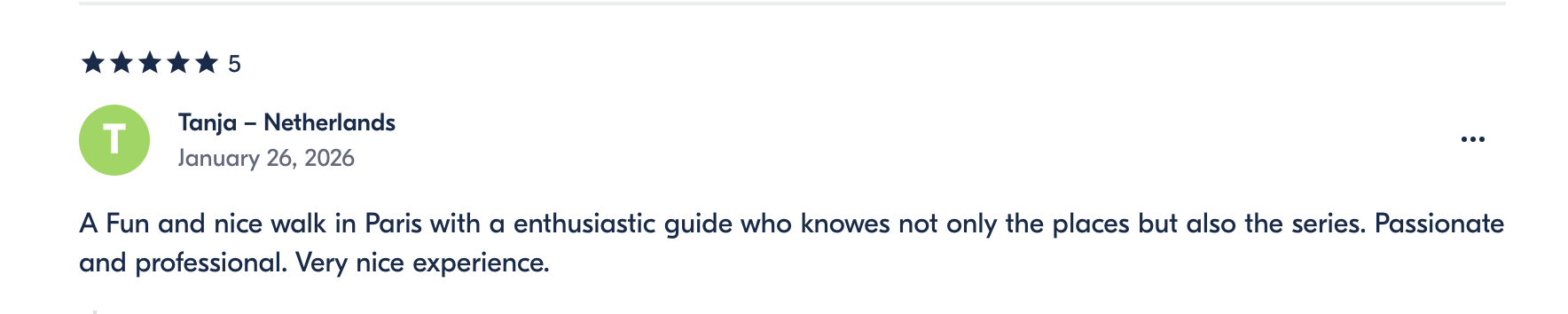 5-star review for a Paris walking tour by Tanja from the Netherlands, praising the knowledgeable, passionate, and professional guide.