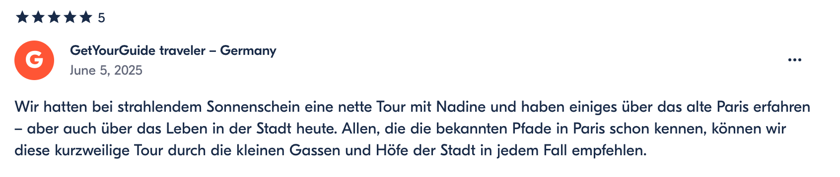 Five-star rating, Google review for GetYourGuide traveler - Germany, dated June 5, 2025, in German.
