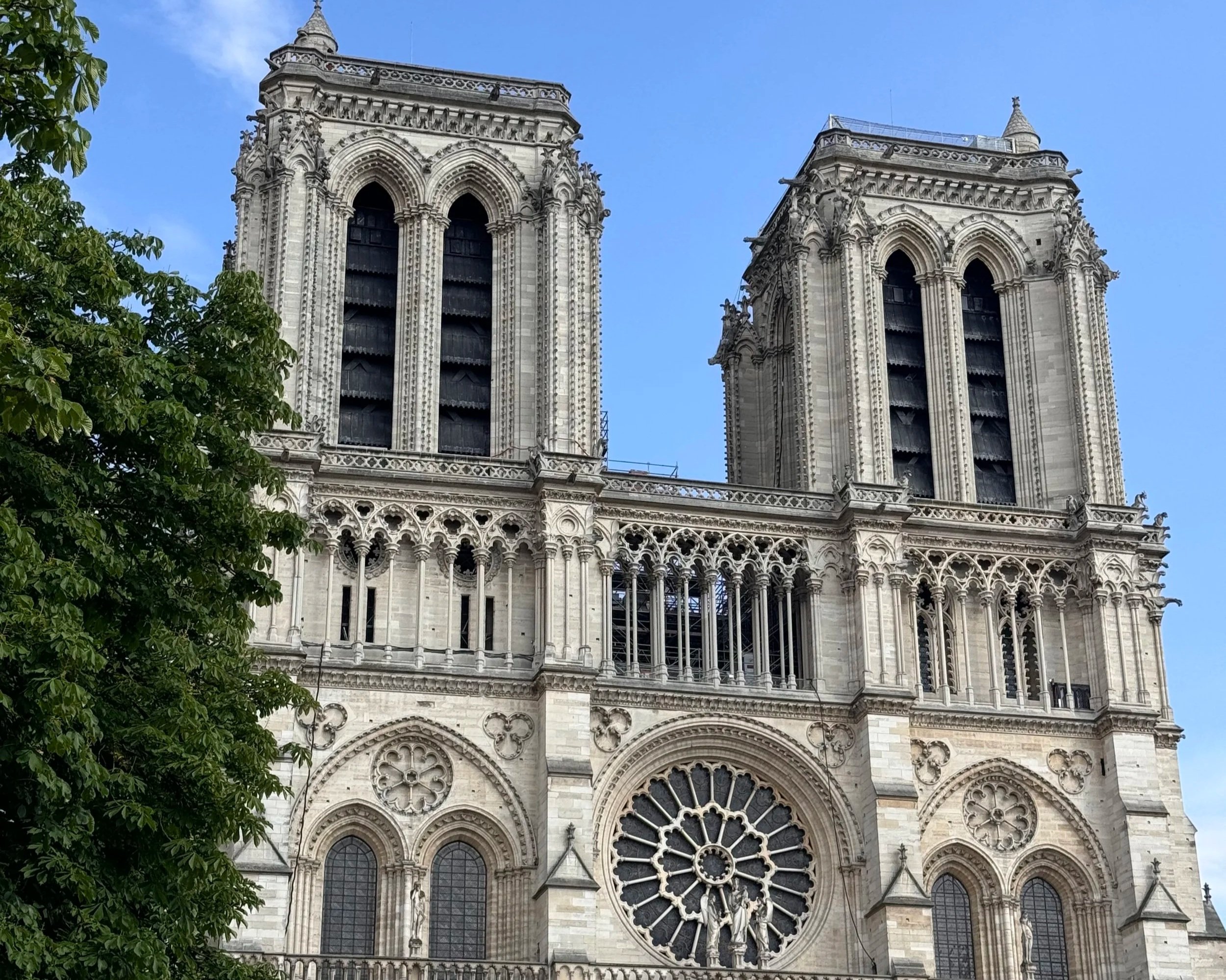 The façade of Notre Dame Cathedral in Paris, France, showing its Gothic architecture with twin towers, large stained glass rose window, and intricate stone carvings, set against a blue sky with some green leaves on the left side.