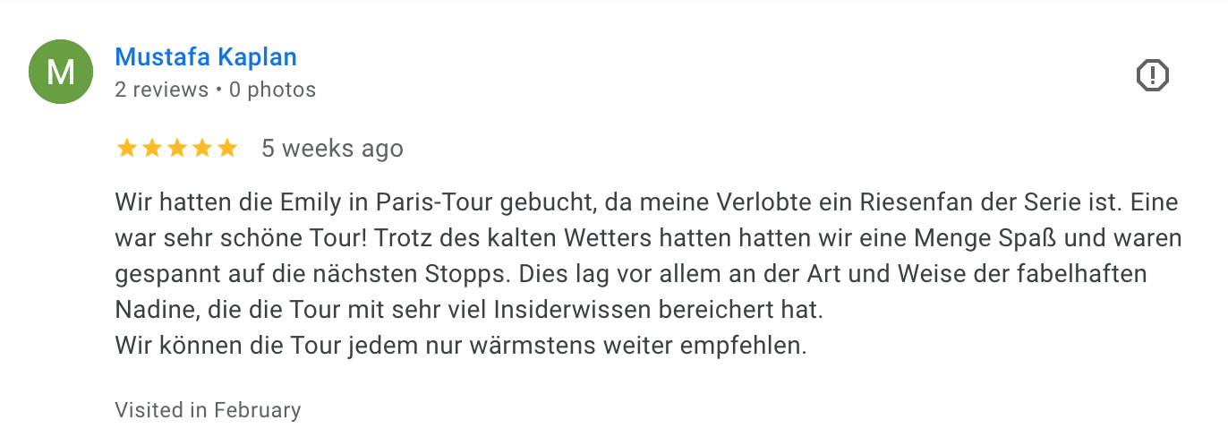Screenshot of a positive review for a Paris tour written in German, by Mustafa Kaplan, with five stars, posted five weeks ago.