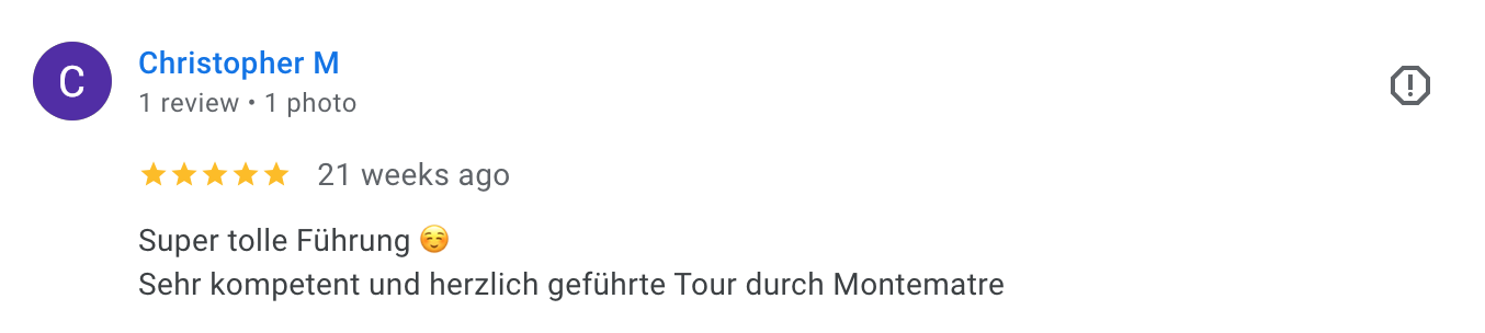 Screenshot of a Google review for a Montmartre tour with five stars, written in German.