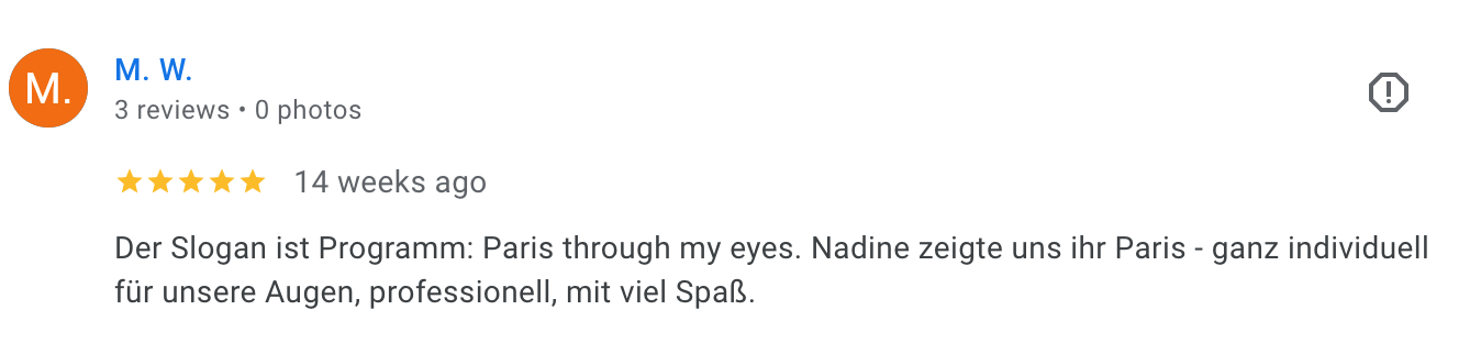 Screenshot of a review from a person named M. W. with a five-star rating, written in German, discussing a program called Paris seen through their eyes.