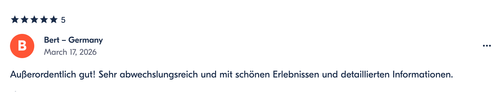 Five-star rating, review from Bert in Germany dated March 17, 2026, praising the experience as very good, varied, with beautiful sights and detailed information.
