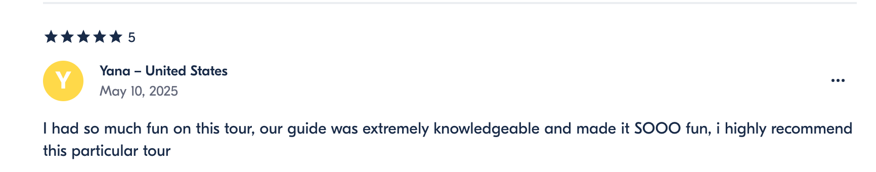 Customer review with 5-star rating, customer name Yana from the United States, review date May 10, 2025, positive feedback about a tour, mentioning a knowledgeable guide and fun experience.