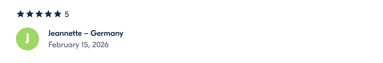 Review by Jeannette from Germany, dated February 15, 2026, with a 5-star rating.