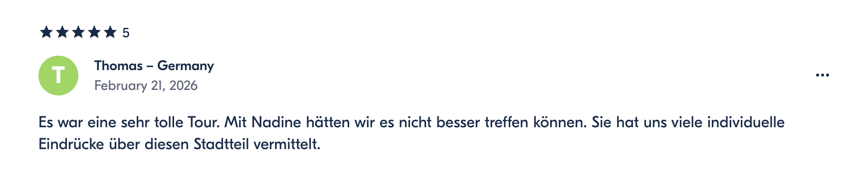 Five-star rating, review by Thomas from Germany dated February 21, 2026, positive travel experience.