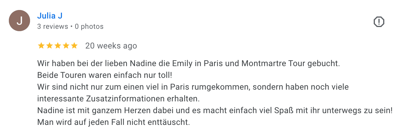 Screenshot of a positive review in German, five-star rating, about a sightseeing tour in Paris with Nadine and Emily, mentioning their enjoyment and interesting information.